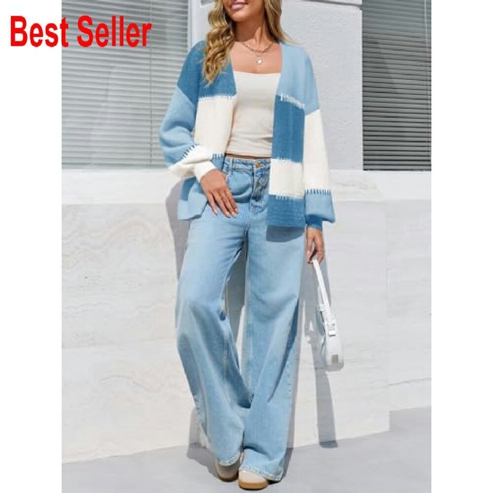 Chunky Knit Cardigan Open Front Puff Sleeve Color Block Fall Outerwear Chic - Picture 7 of 8